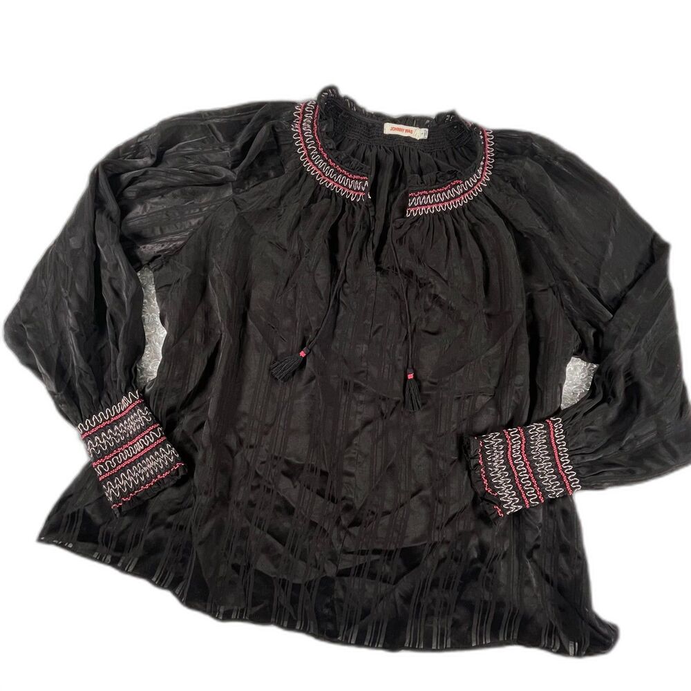 Johnny Was L Silk Zig Zag Embroidered Blouse Black Tassels Boho Peasant Top Luxe